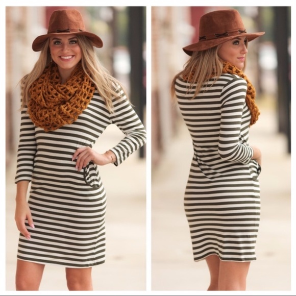 Olive striped dress with pockets - Picture 4 of 4