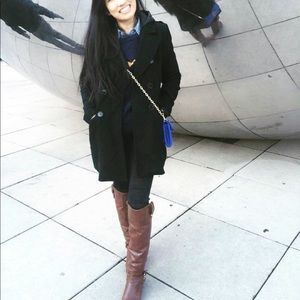 Wool pea coat with down hood.