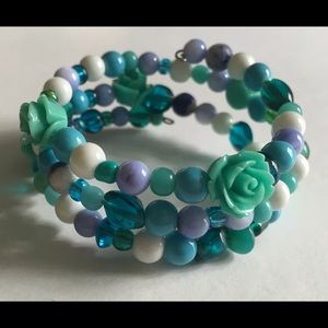 Blue Rose Wire Beaded Wrap Bracelet