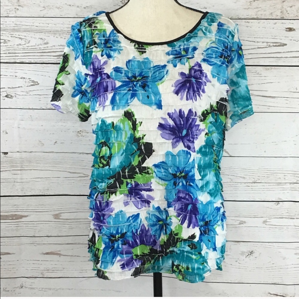 Notations Floral Tiered Ruffle Short Sleeve Blouse