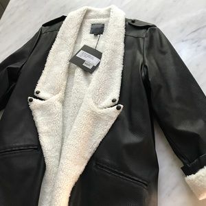 Faux leather mid-length jacket with sherpa