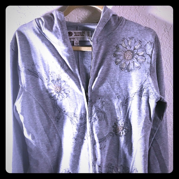 ONE WORLD Sweaters - ONEWORLD live & let live flowered beaded sweater