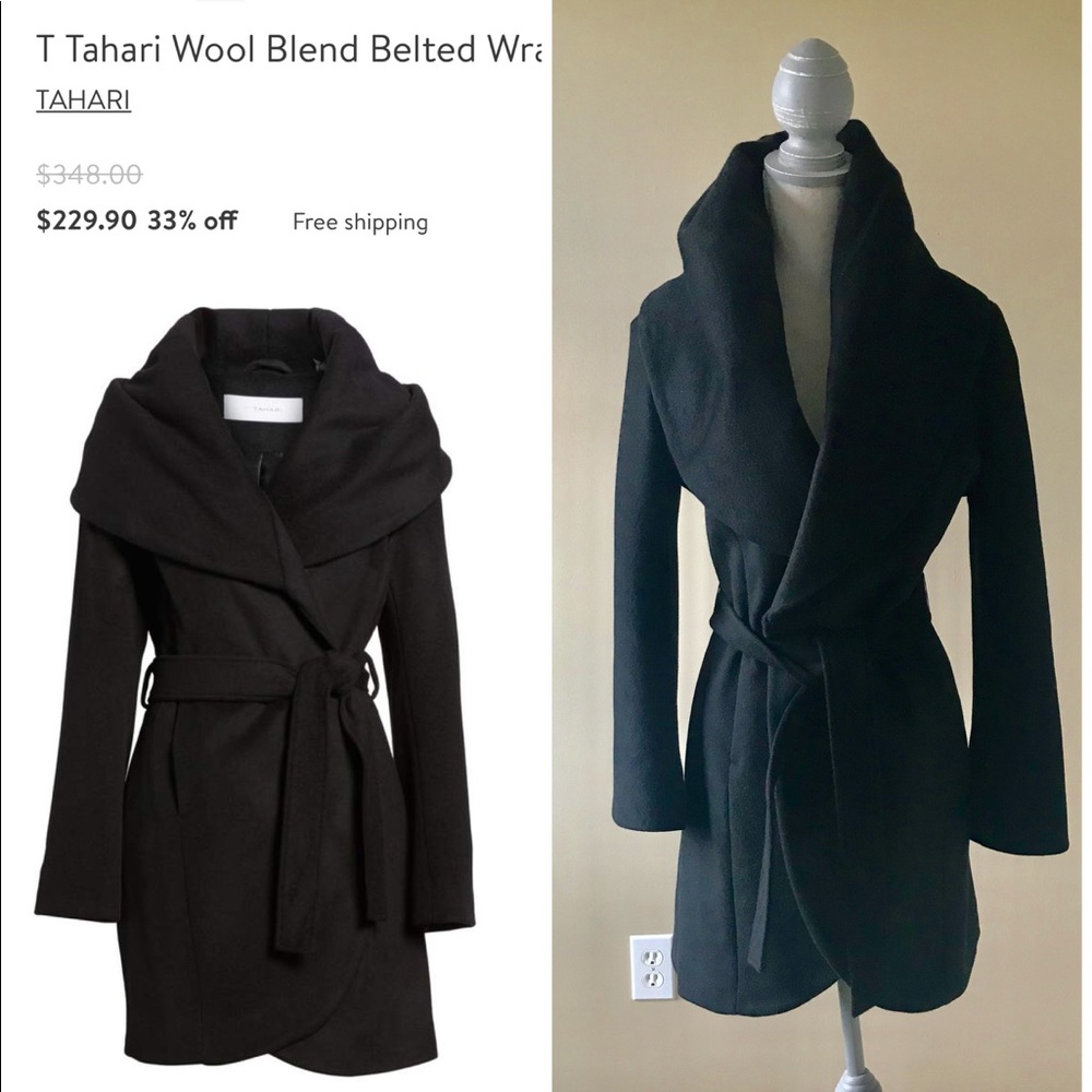 Tahari Wool Blend Belted Black Wrap Coat