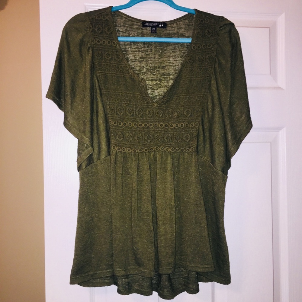 Olive Green Boho Top, 2X