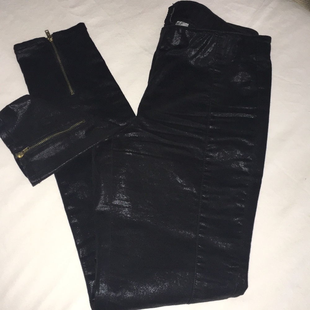 H&M Black Shiny slip on pants with zipper ankle