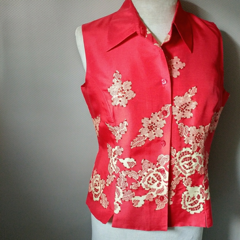 Great for the Holidays Red Silk Sequined Blouse