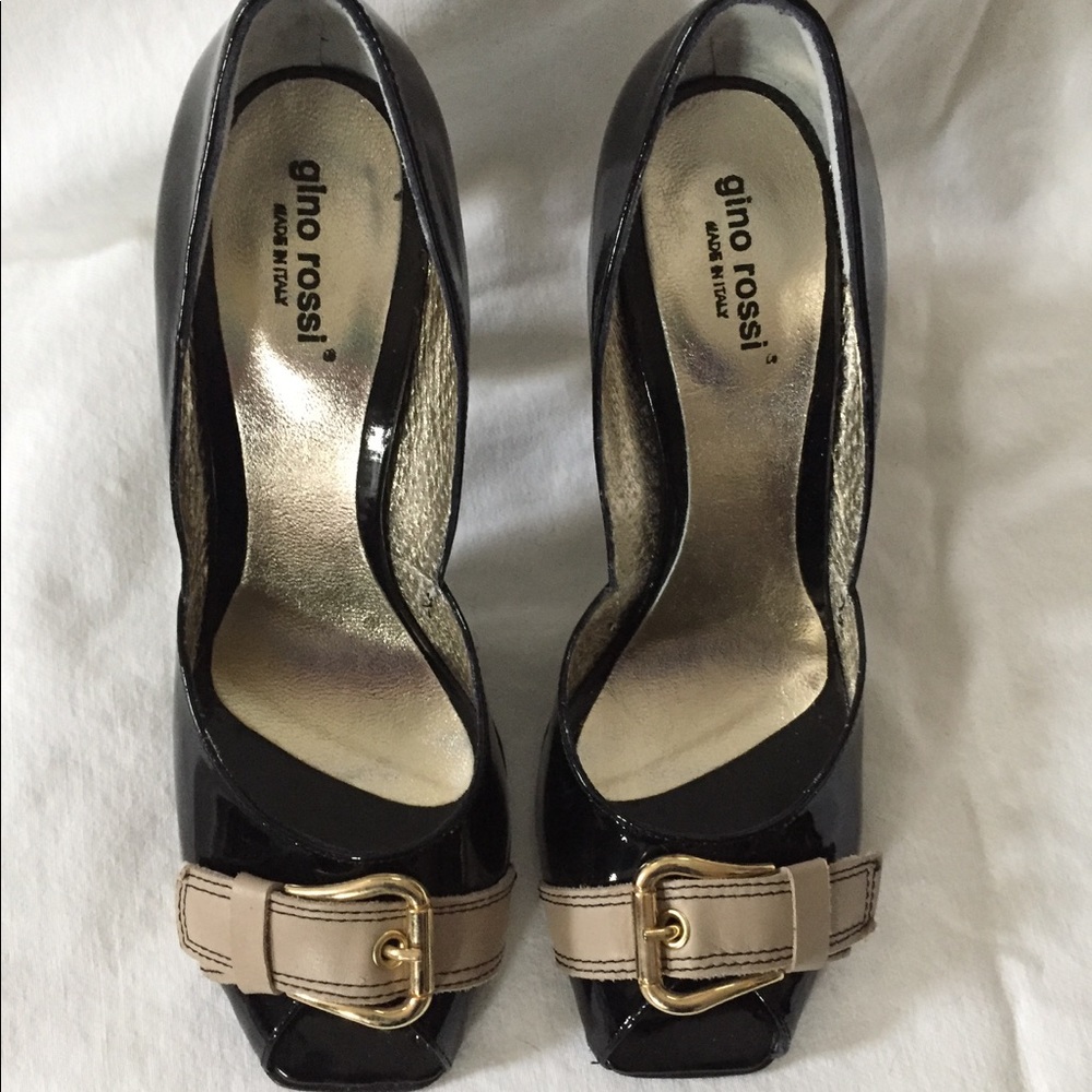 New black patent peep toe pump, 3 1/2" heel