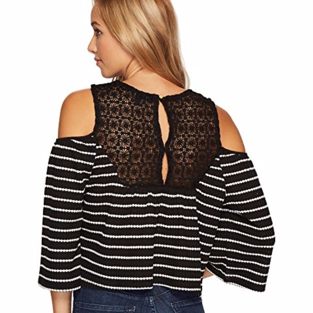 NWT! Cold Shoulder Striped Lace Trim Top - Picture 4 of 8