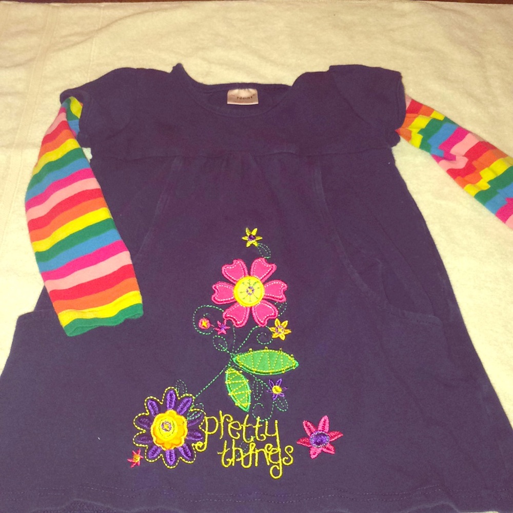 NEAT Blue Dress with Rainbow Sleeves and Fun Print