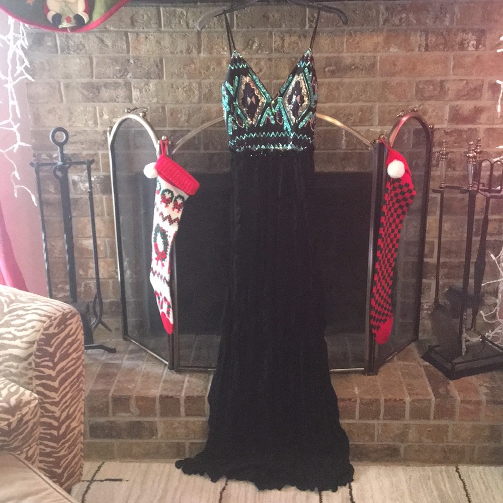 Sequin top, maxi dress