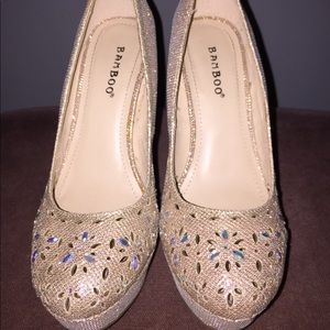 Bejeweled champagne platform heels