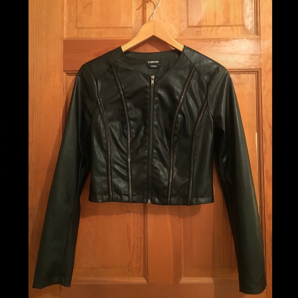 BEBE Leather Cropped Jacket with Chain-like Piping