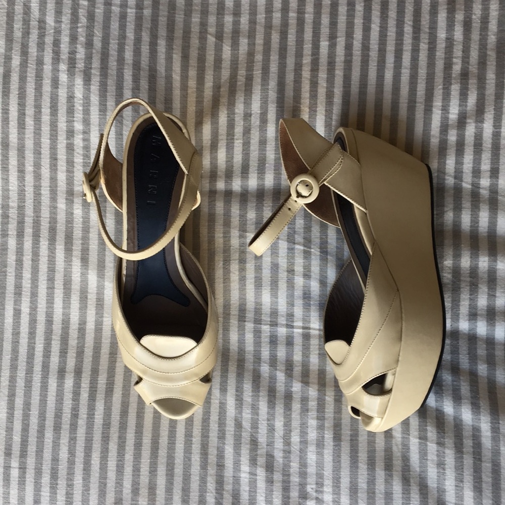 Cream patent leather Marni strappy platform heels