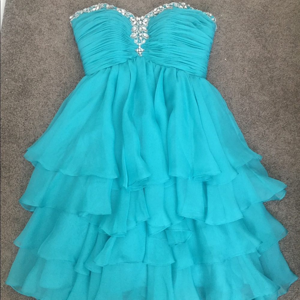 Blue/green prom dress with beading.
