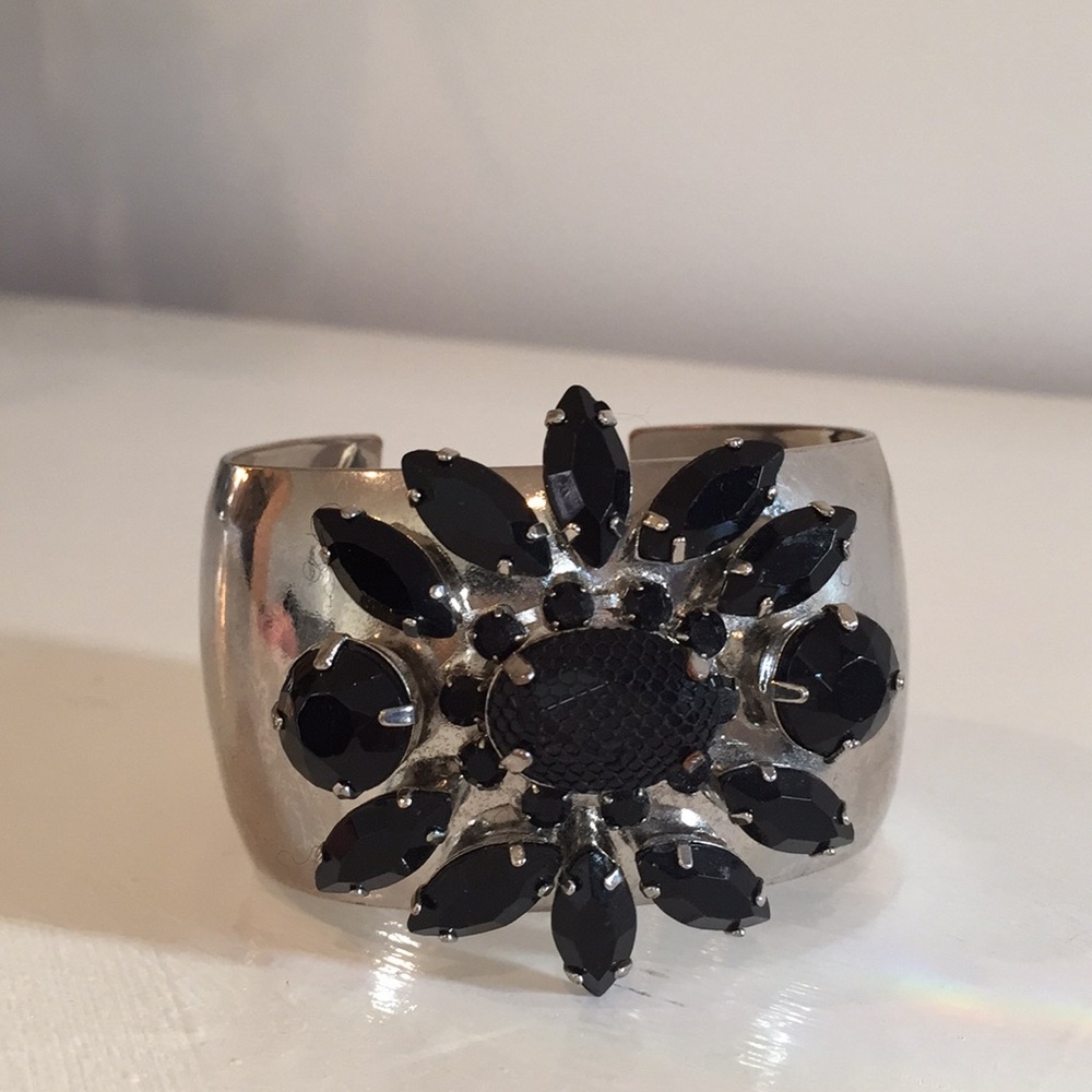 Silver Cuff Bracelet w Black Rhinestones