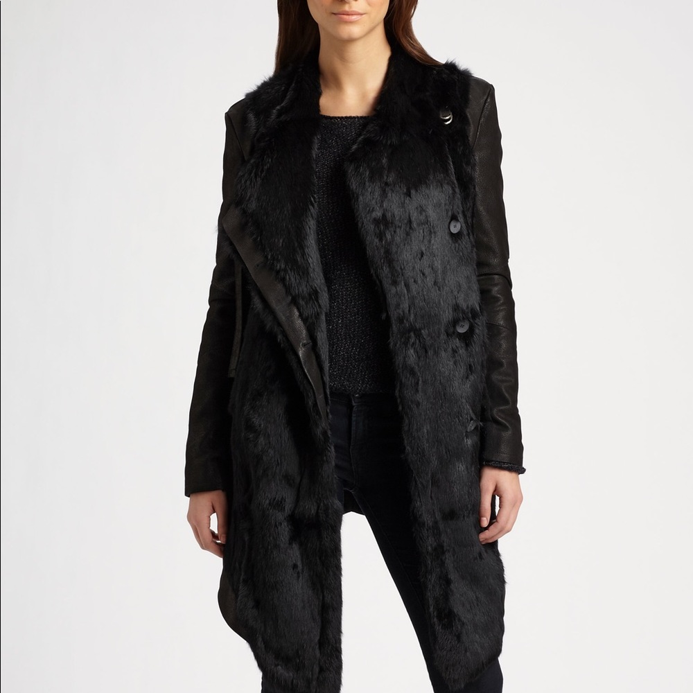 Helmut Lang black fur leather coat jacket sz M