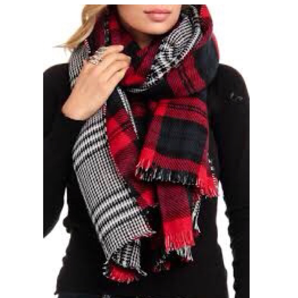 Red Black & White Reversible Plaid Scarf