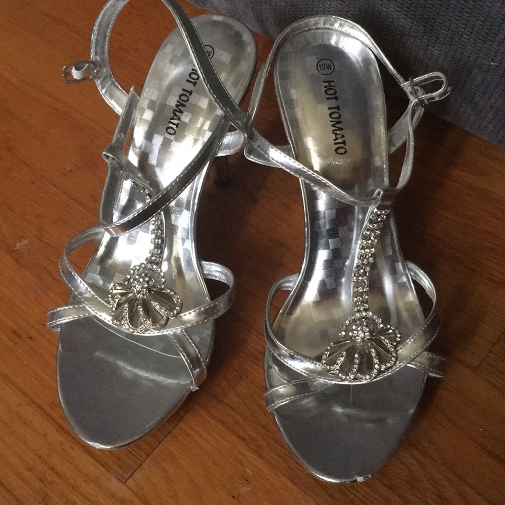 Silver jewel strap heels