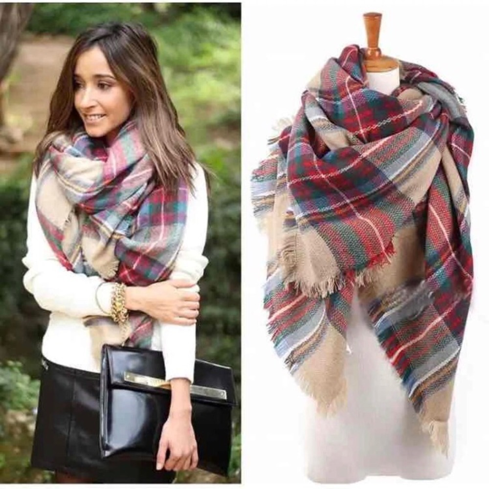 Tan Plaid Blanket Scarf