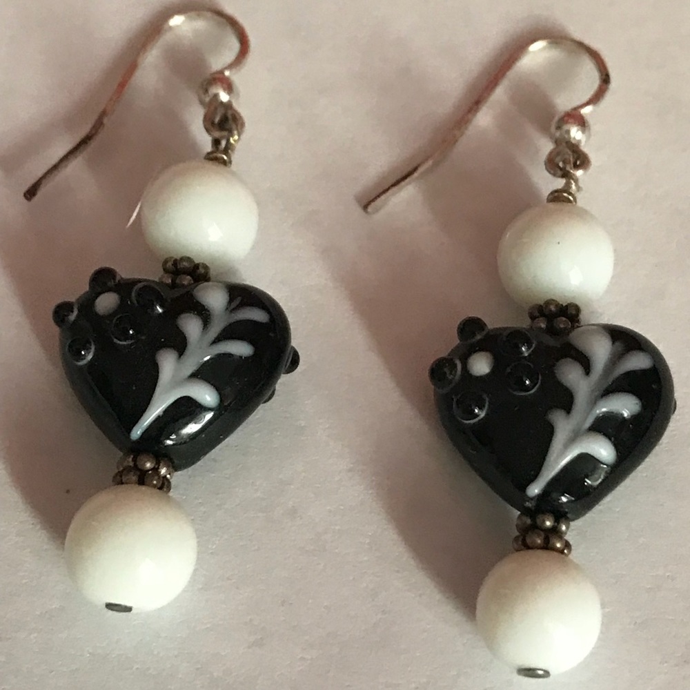 Black Heart/ White Flower/Leaf Design  Earrings