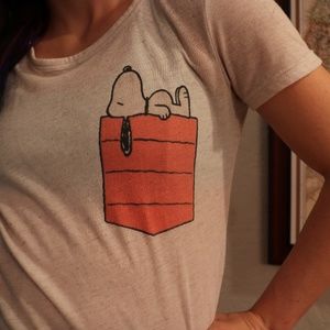 XS Peanuts sheer white shirt with snoopy pocket