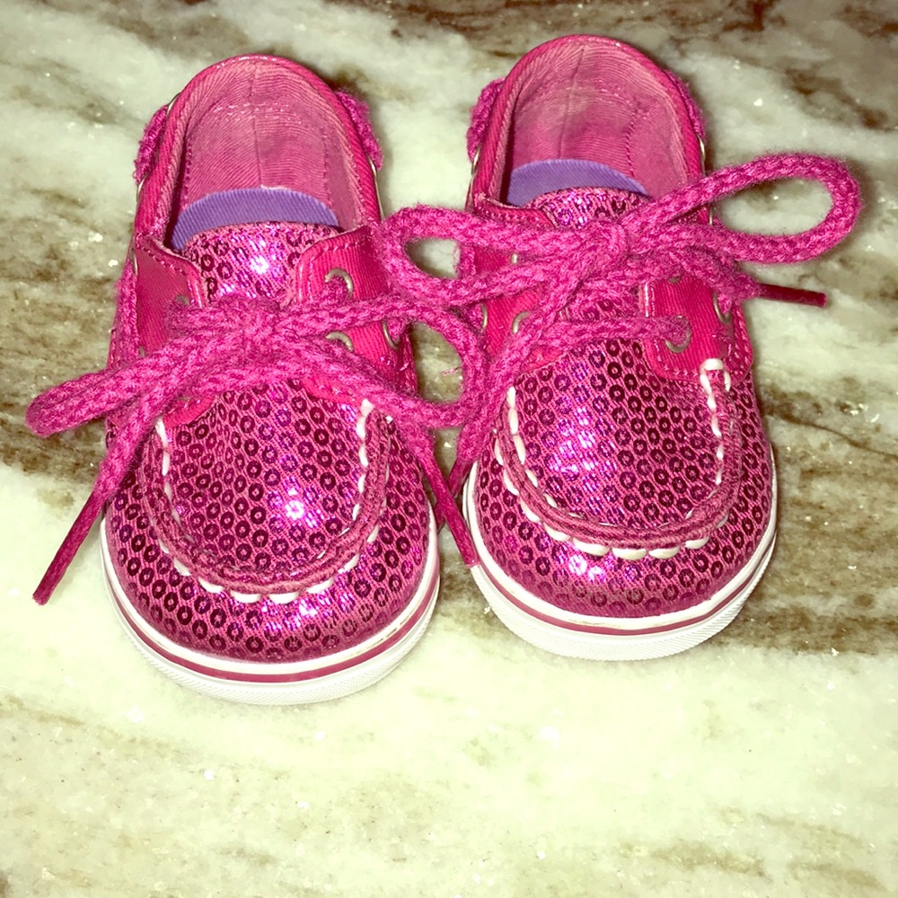 Pink sequin Sperrys for a baby