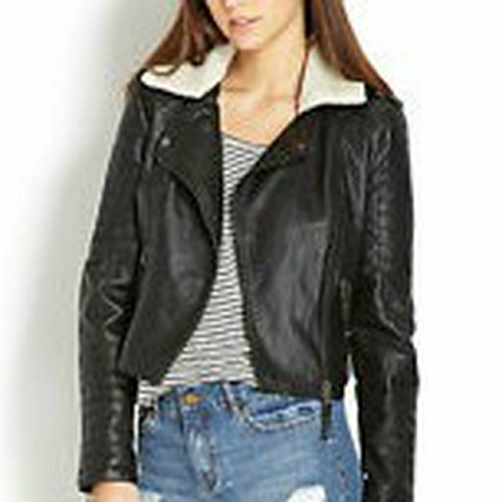 Black faux leather shearing collar jacket