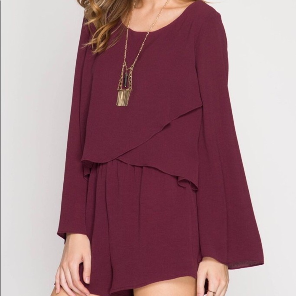 Flared Long Sleeved Romper- Plum - Picture 4 of 6