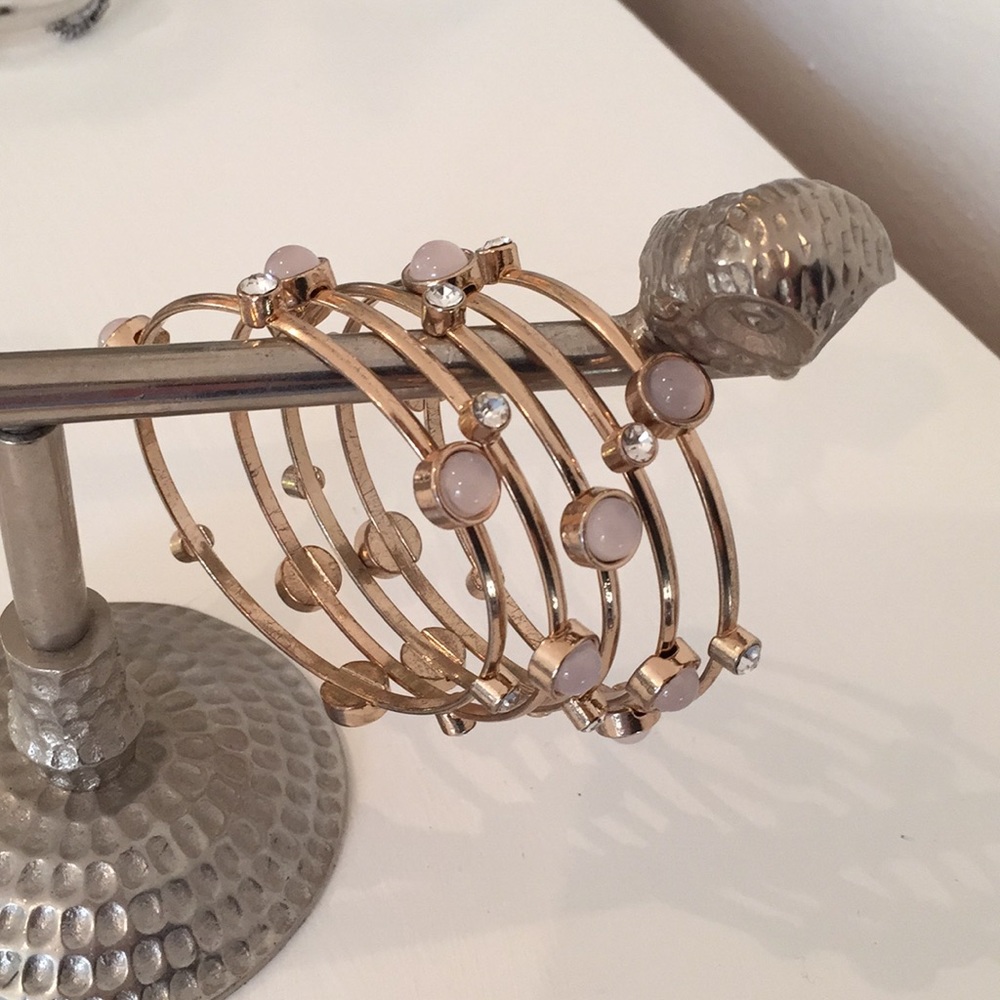 Gold Bangle Set w Diamond Rhinestones Blush Stone