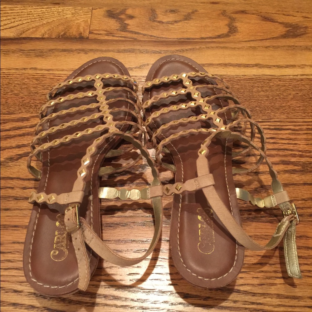 Tan and Gold 1 & 1/2 Inch Strappy Sandals
