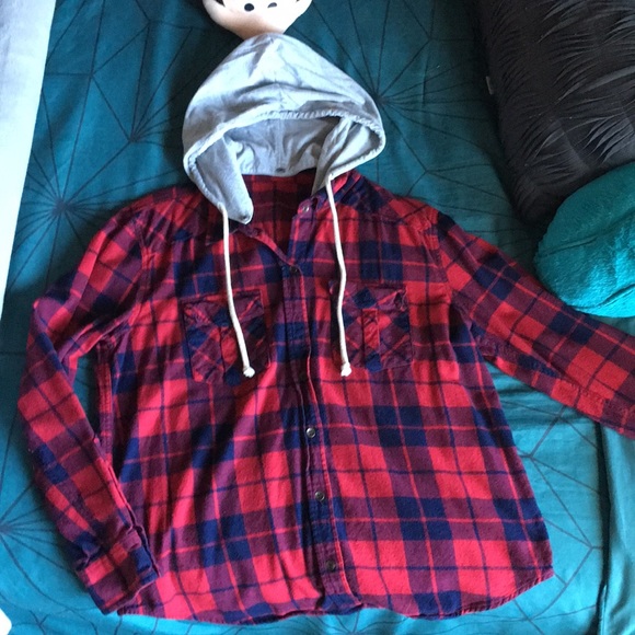 Tops | Blue And Red Flannel Hoodie 