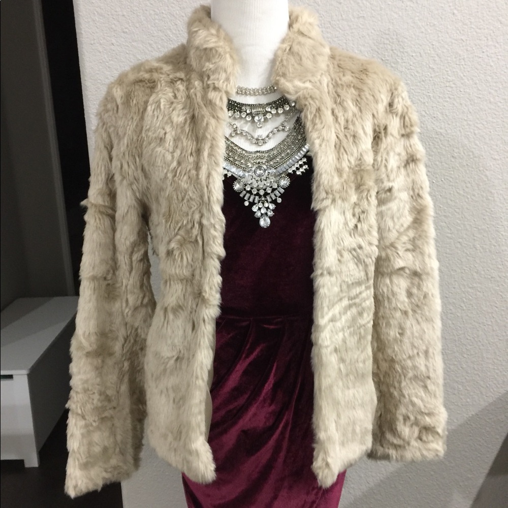 H&M FUR COAT JACKET beige brown size 2 small