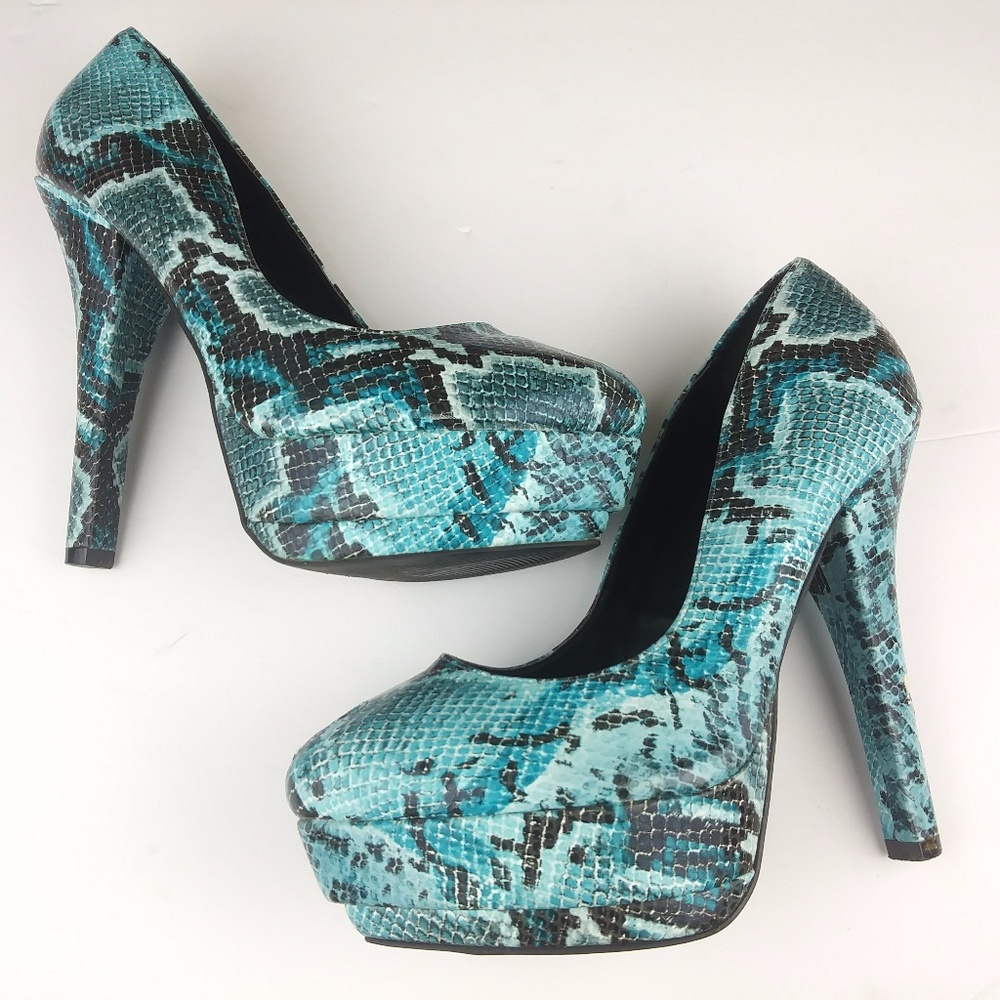 Michael Antonio teal & black snake print platforms