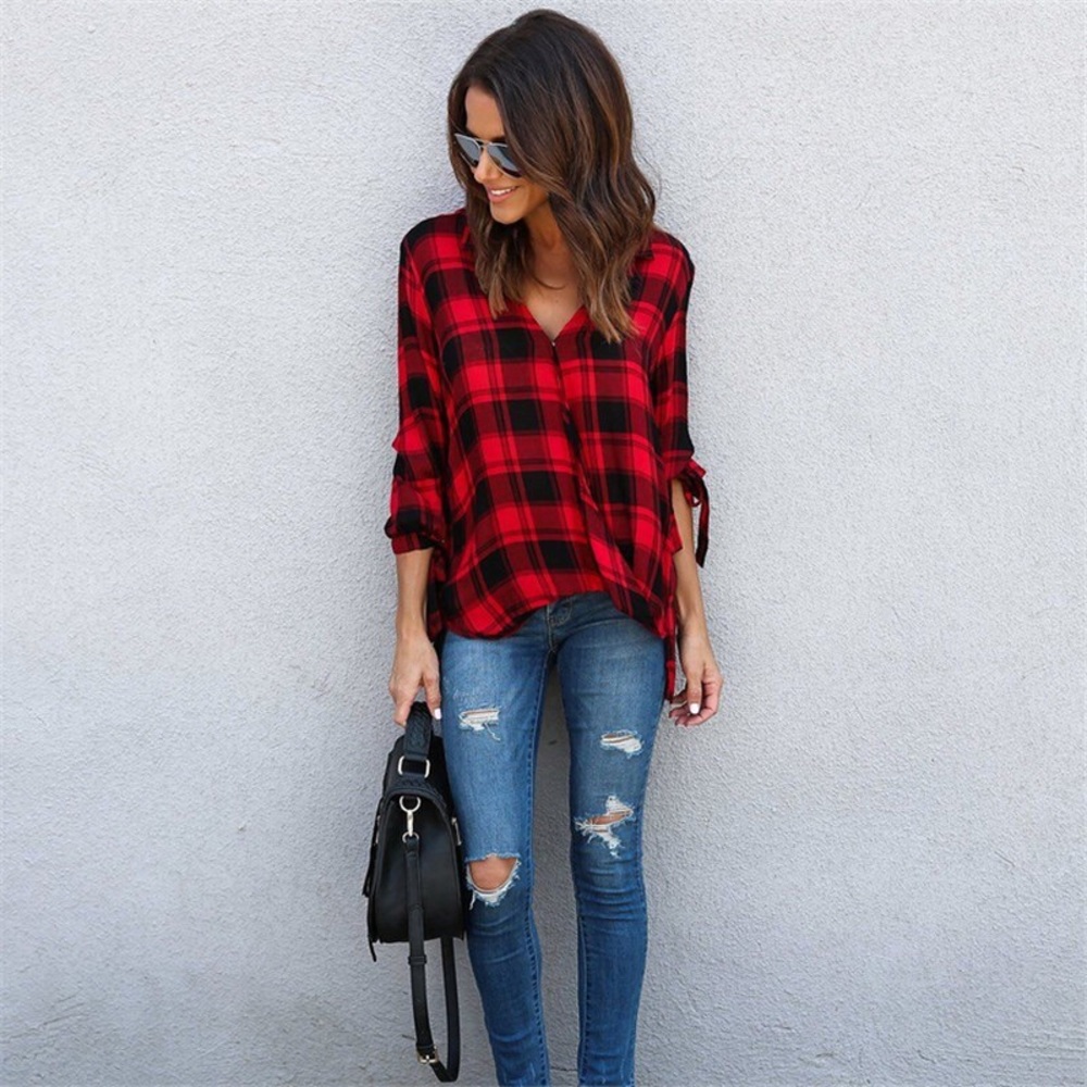 💥 SALE Surplice Deep V Tie Sleeve Plaid Blouse - Picture 4 of 5