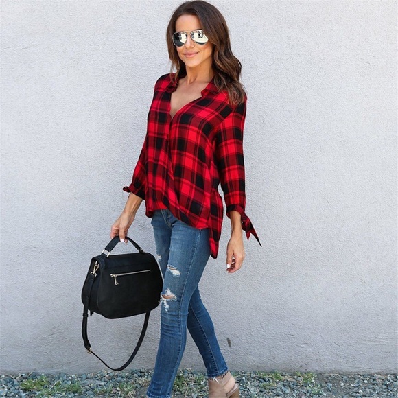💥 SALE Surplice Deep V Tie Sleeve Plaid Blouse - Picture 2 of 5