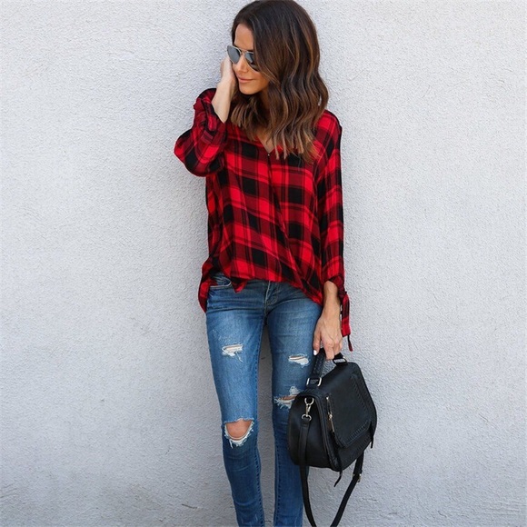 💥 SALE Surplice Deep V Tie Sleeve Plaid Blouse - Picture 3 of 5