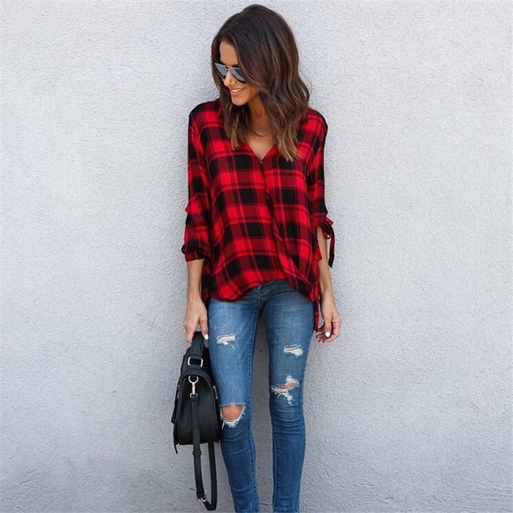 💥 SALE Surplice Deep V Tie Sleeve Plaid Blouse - Picture 4 of 5