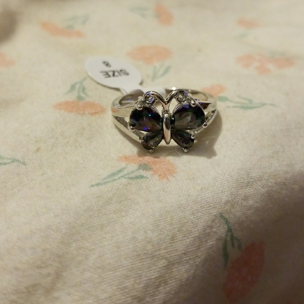 Sterling Silver size 8 Ring, Rainbow Topaz Butterf