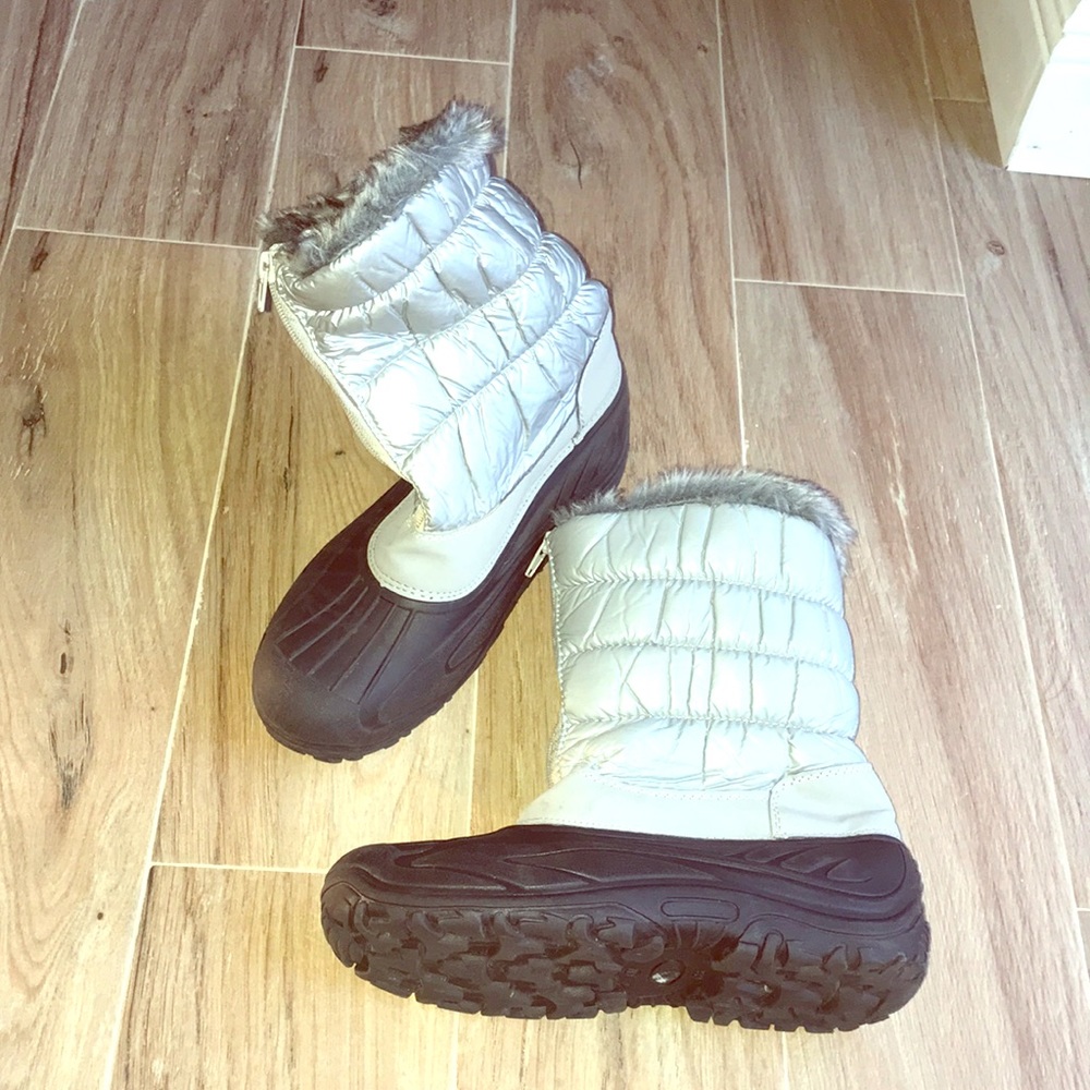 Gray and black rain/snow boots