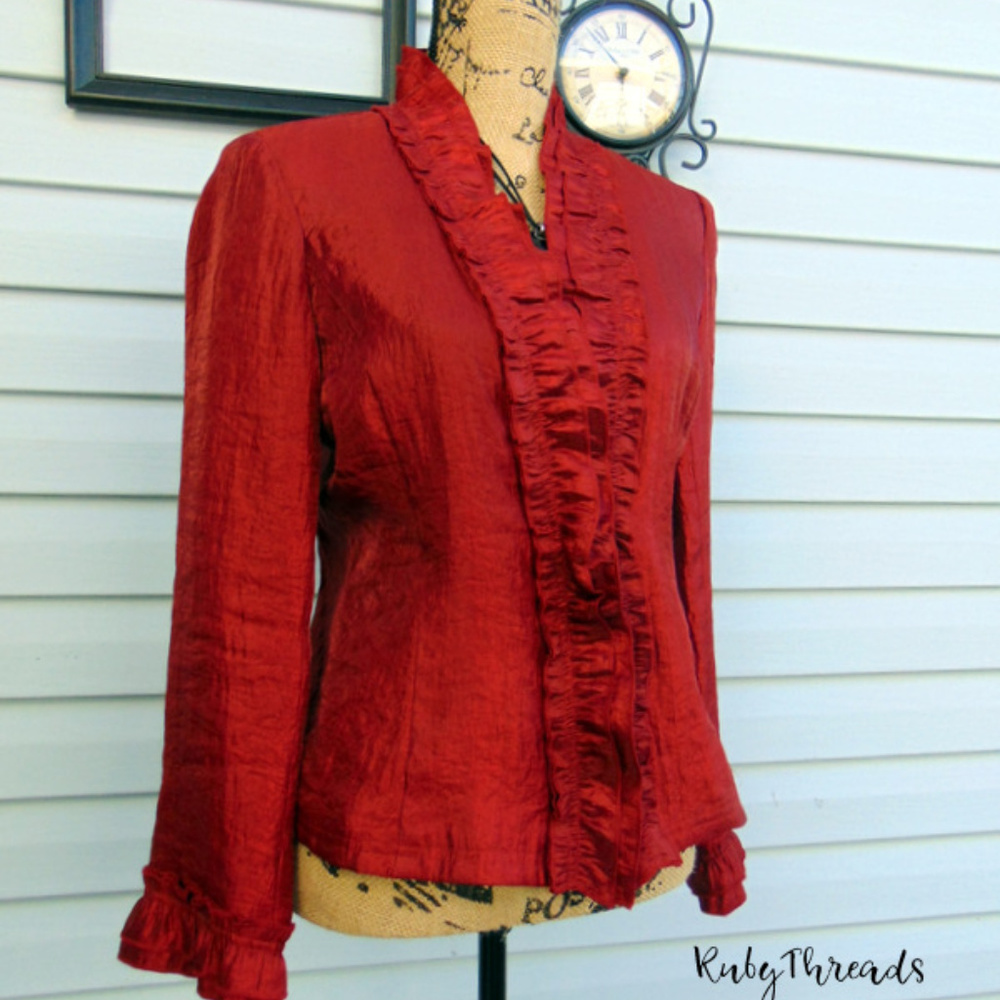 Ruby Red Ruffle Front Blazer Jacket SIZE 6 - Picture 3 of 8
