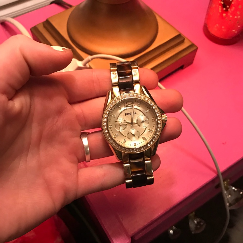 Gold and tortoise shell fossil watch