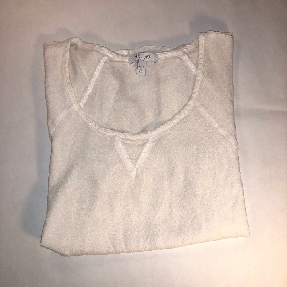 White Scoop-neck Linen Cap Sleeve Shirt