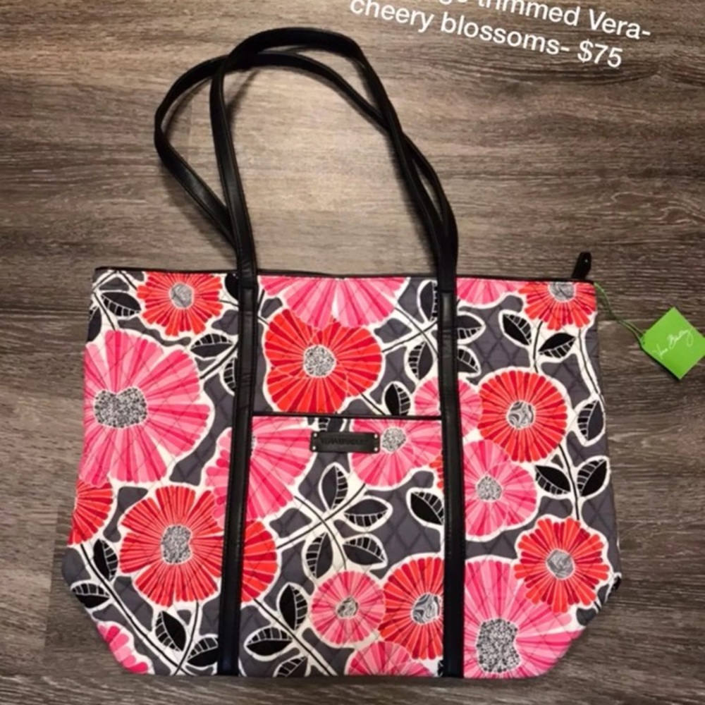 NWT- trimmed leather "vera" tote- cheery blossoms