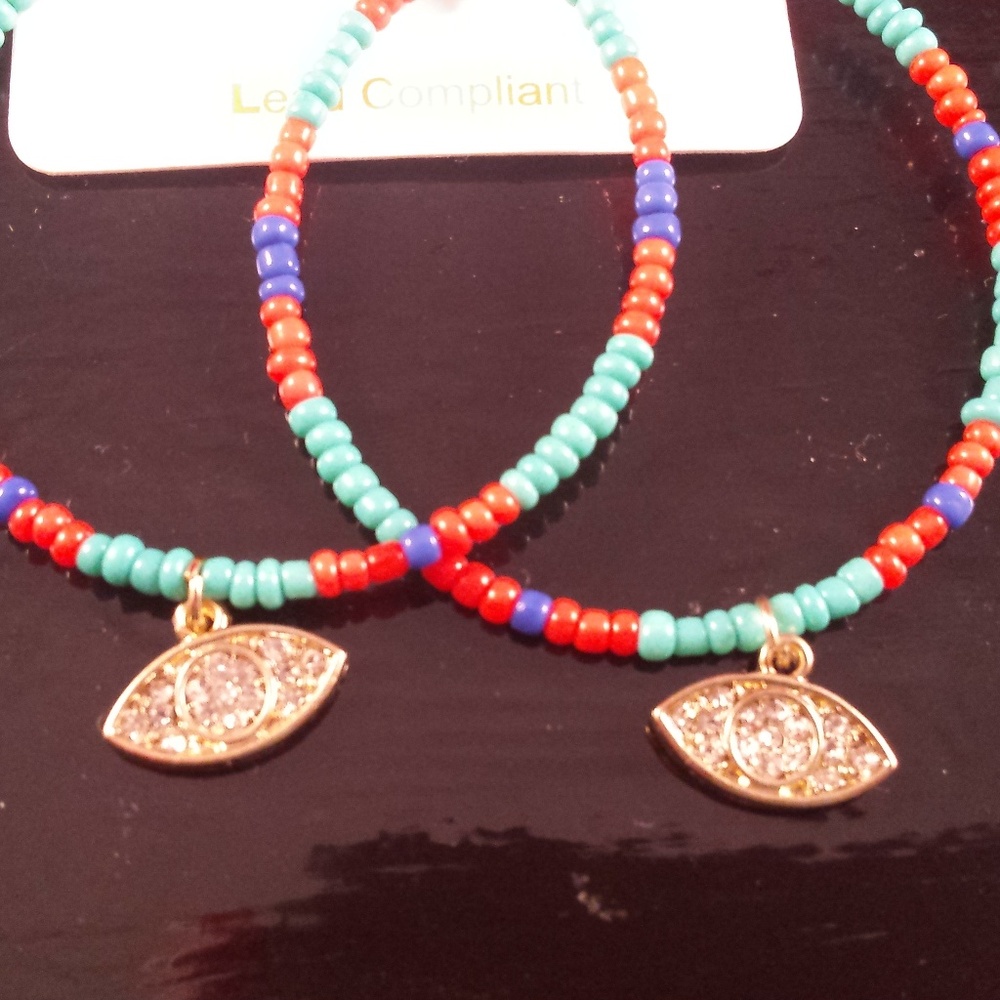 🐼Beaded Hoop Earrings with Rhinestone Eye Pendant - Picture 2 of 4