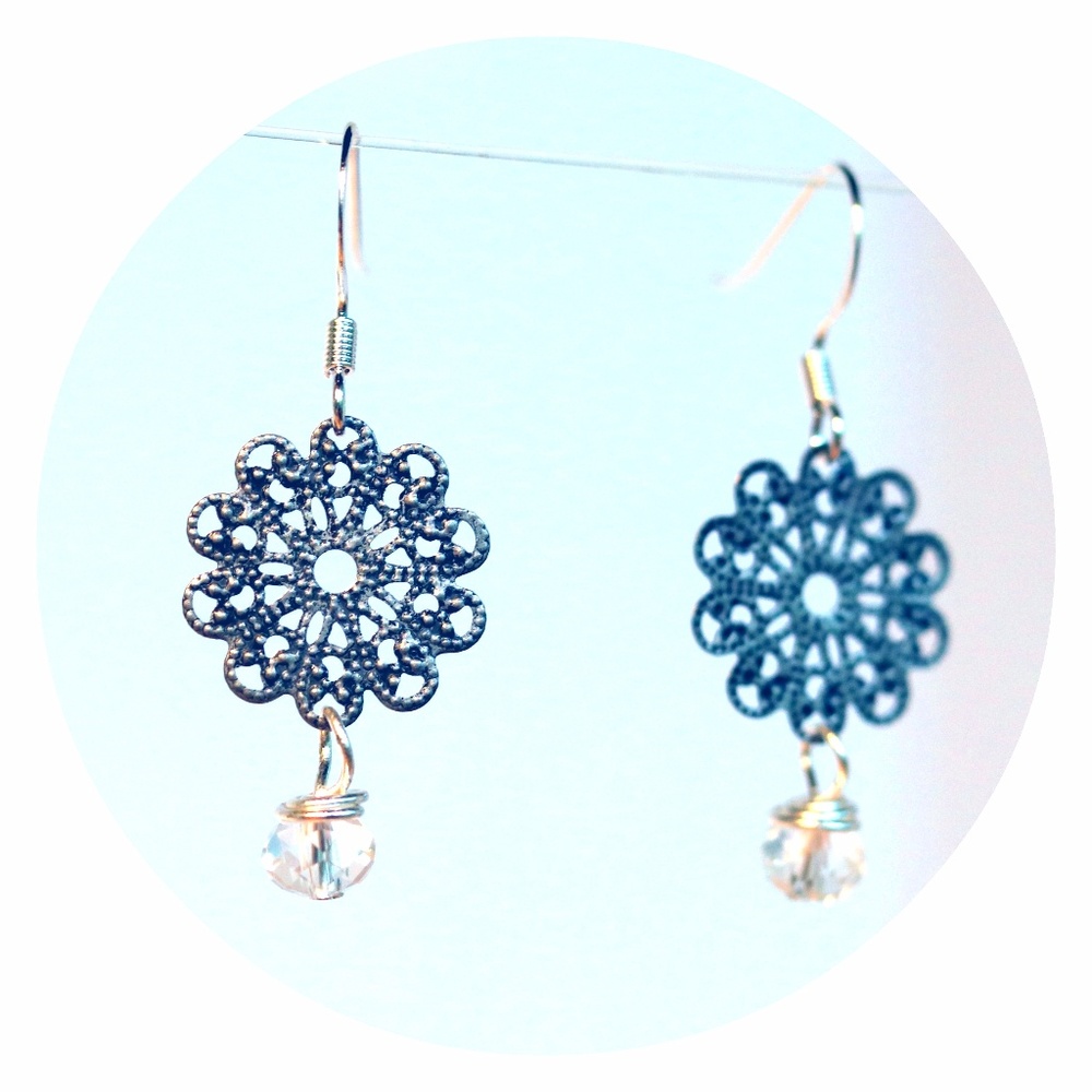 Floral Drop Earrings with Wire-wrapped Crystals