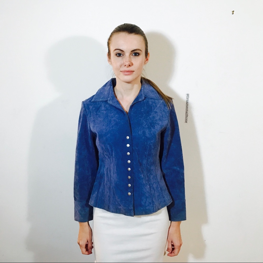 VINTAGE BLUE SUEDE LEATHER BUTTON JACKET S - Picture 1 of 8