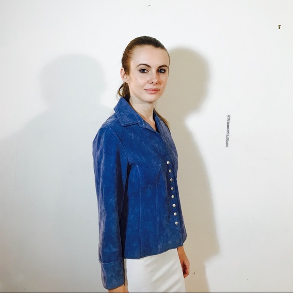 VINTAGE BLUE SUEDE LEATHER BUTTON JACKET S - Picture 2 of 8
