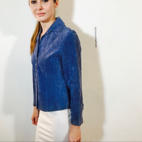 VINTAGE BLUE SUEDE LEATHER BUTTON JACKET S - Picture 5 of 8