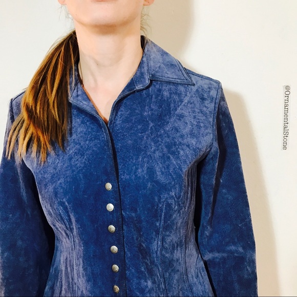 VINTAGE BLUE SUEDE LEATHER BUTTON JACKET S - Picture 6 of 8