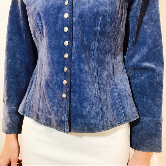 VINTAGE BLUE SUEDE LEATHER BUTTON JACKET S - Picture 7 of 8